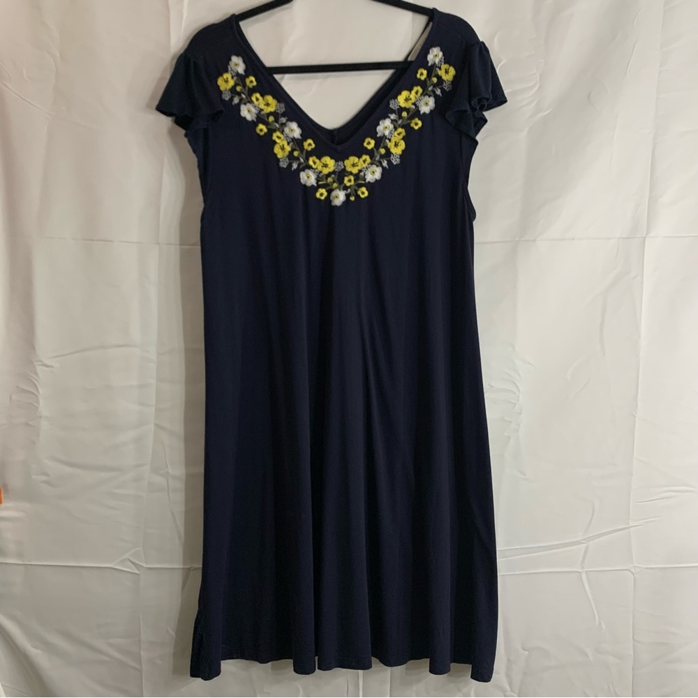 LOFT Navy Blue Short Ruffle Sleeve Floral Detail Midi Dress, size L - Picture 9 of 9